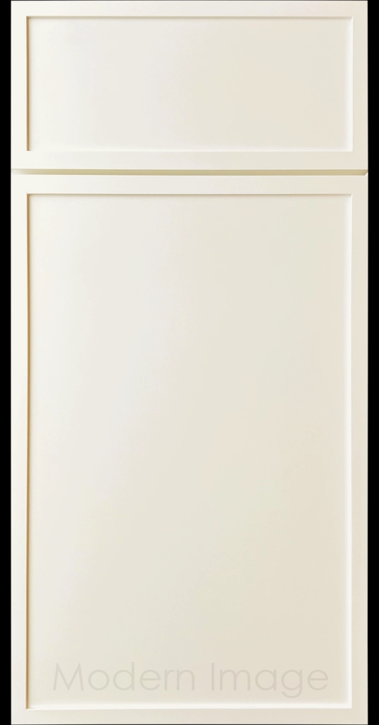 Close-up of a Canvas color Arcadia shaker-style cabinet door, featuring slim stile and rail surrounding a flat center panel